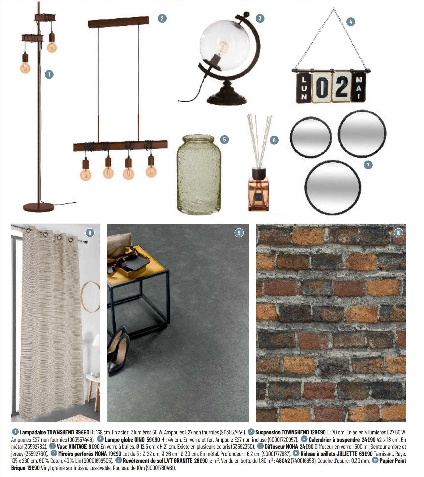 lampadaire townshend, suspension townshend, lampe globe gino, calendrier à suspendre, vase vintage, diffuseur noha, miroirs perforés noma, rideau à œillets juliette, revêtement de sol lvt granite