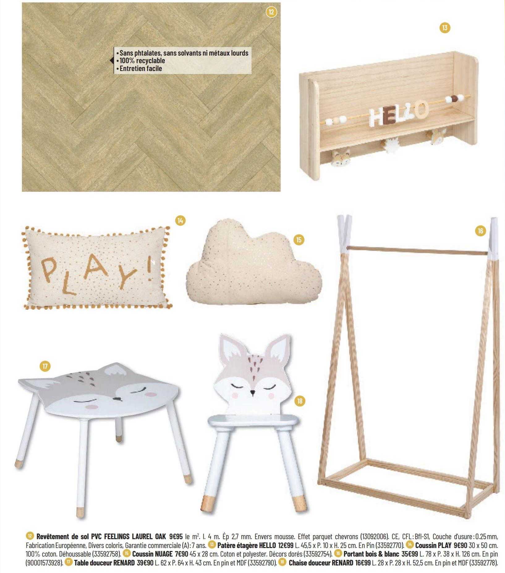 revêtement de sol pvc feelings laurel oak, patère étagère helo, coussin nuage, portant bois & blanc, table douceur renard, chaise douceur renard