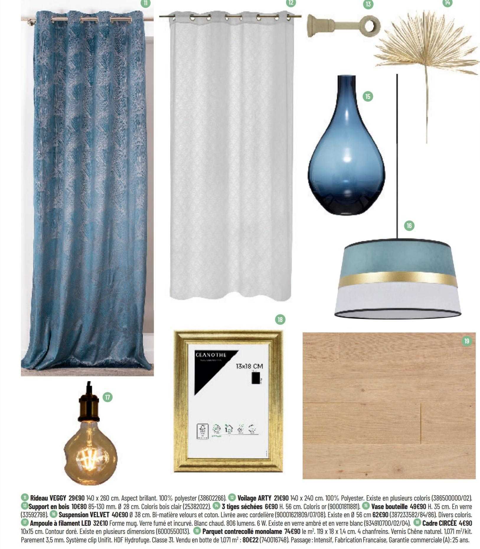 rideau veggy, voilage arty, support en bois, 3 tiges séchées, vase bouteille, suspension velvet, ampoule à flament led, cadre circée, parquet contrecollé monolame