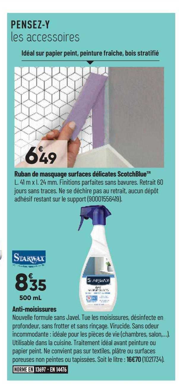 ruban de saquage surfaces délicates scotchBlue, anti-moisissures starwax