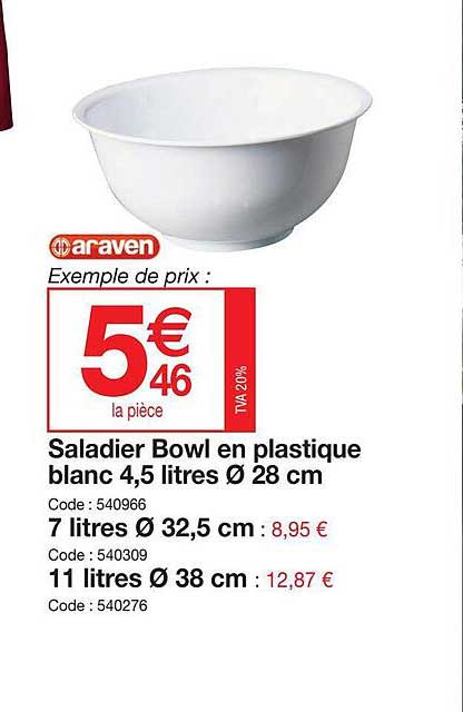 Saladier Bowl En Plastique Blanc 4,5 Litres ∟ Cm, 7 Litres ø 32,5 Cm, 11 Litres ø 38 Cm