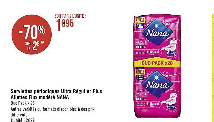 serviettes périodiques ultra régulier plus ailettes flux modéré nana