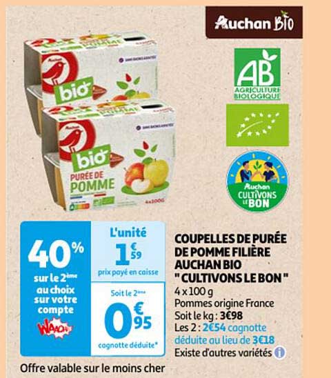 coupelles de purée de pomme filière auchan bio "cultivons le bon"