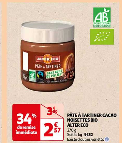 pâte à tartiner cacao noisettes bio alter éco