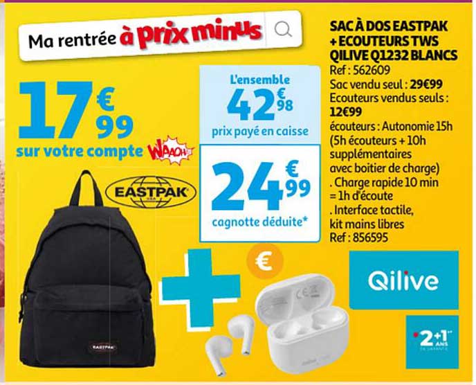 sac à dos eastpak + écouteurs tws qilive q1232 blancs