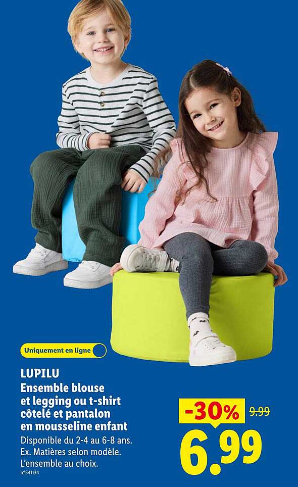 LUPILU Ensemble blouse et legging ou t-shirt côtelé et pantalon en mousseline enfant
