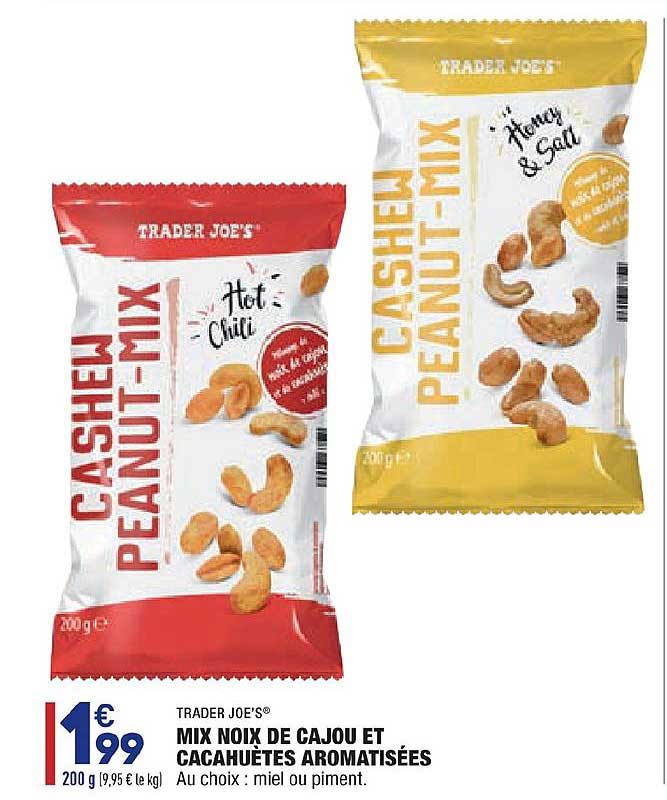 mix noix de cajou et cacahuètes aromatisées au choix : miel ou piment trader joe's