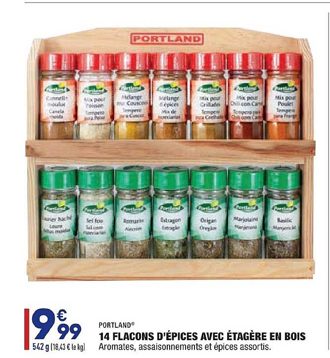 Portland 14 Flacons D'épices Avec étagère En Bois