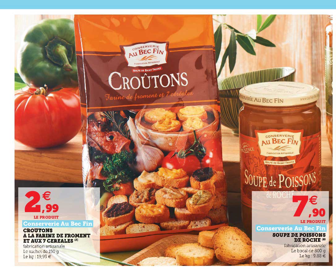 croutons à la farine de froment et aux 7 céréales conserverie au bec fin, supe de poissons de roche