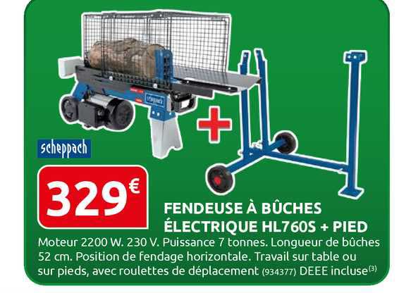 fendeuse à bûches électrique hl760s + pied scheppach