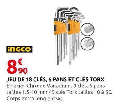 jeu de 18 clés, 6 pans et clés torx ingco