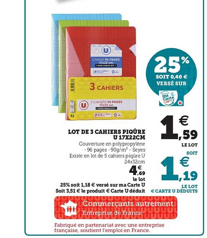 Lot De 3 Cahiers Piqûre U 17 X 22 Cm