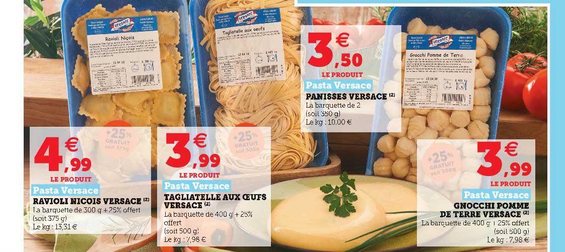 ravioli niçois versace, tagliatelle aux oeufs versace, gnocchi pomme de terre versace pasta versace