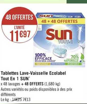 tablettes lave-vaisselle écolabel tout en 1 sun