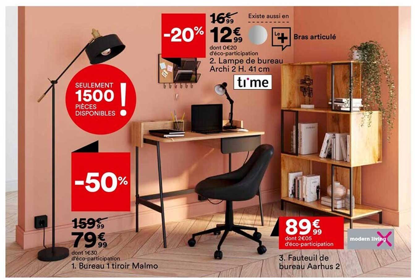 bureau 1 tiroir malmo, lampe de bureau archi 2 h. 41 cm ti'me, fauteuil de bureau aarhus 2 modern living