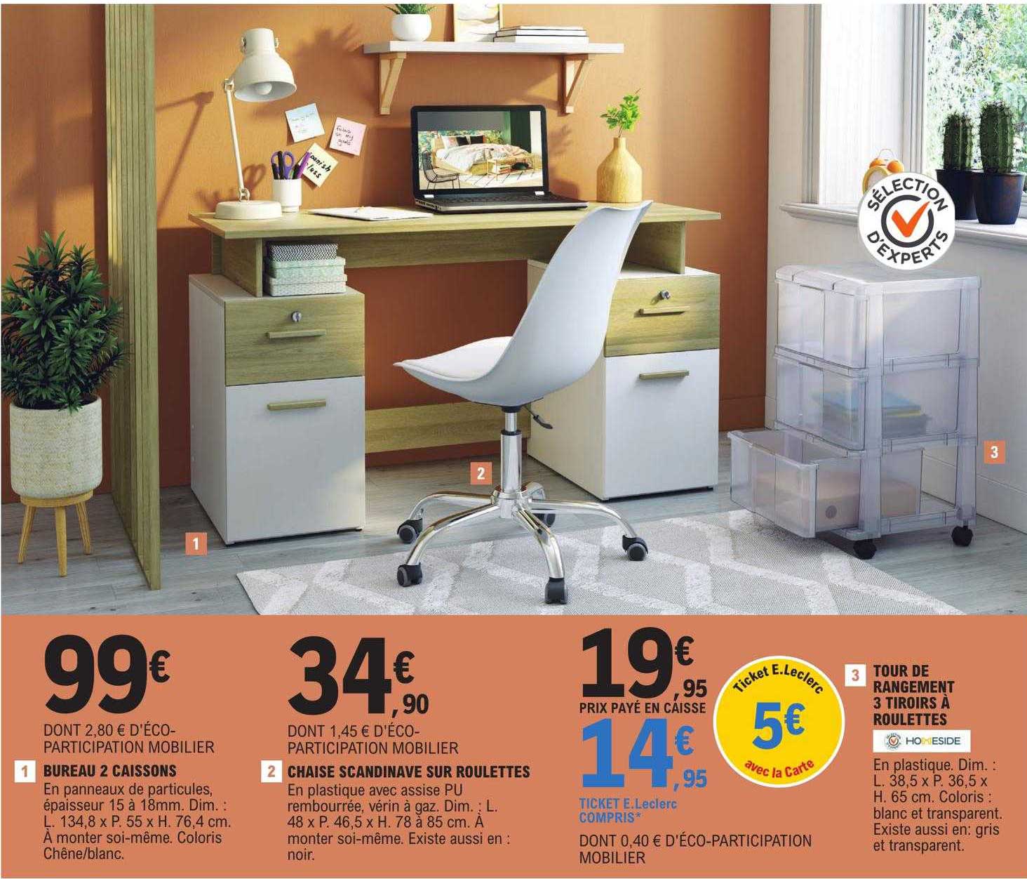 bureau 2 caissons, chaise scandinave sur roulettes, tour de rangement 3 tiroirs à roulettes homeside