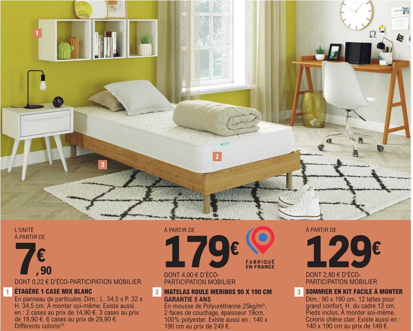 étagère 1 case mix blanc, matelas roule merinos 90 x 190 cm, sommier en kit facile à monter