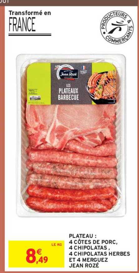 Plateau : 4 Côtes De Porc, 4 Chipolatas, 4 Chipolatas Herbes Et 4 Merguez Jean Rozé