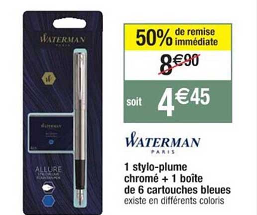 1 stylo-plume chromé + 1 boîte de 6 cartouches bleues waterman
