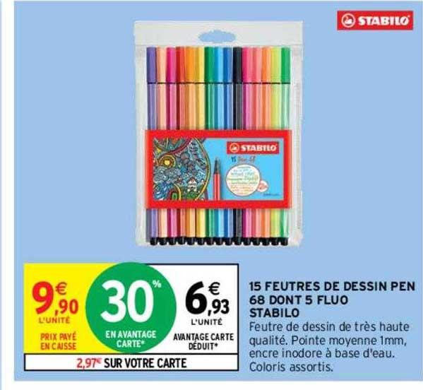 15 feutres de dessin pen 68 dont 5 fluo stabilo