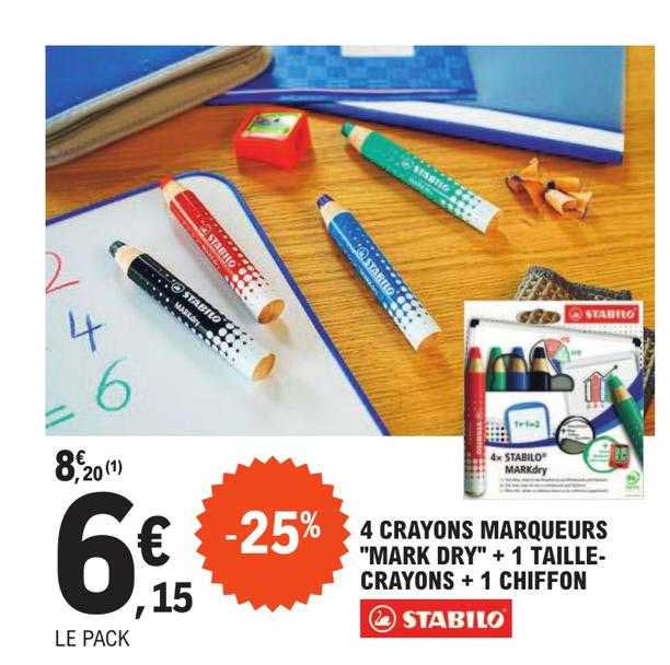 4 crayons marqueurs "mark dry" + 1 taille-crayons + 1 chiffon stabilo