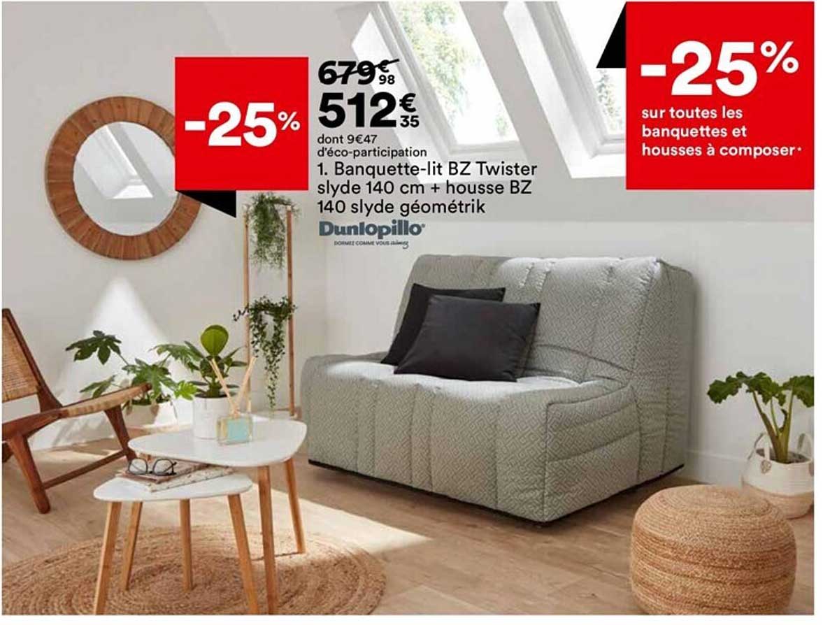 banquette-lit bz twister slyde 140 cm + housse bz 140 styde géométrik dunlopillo