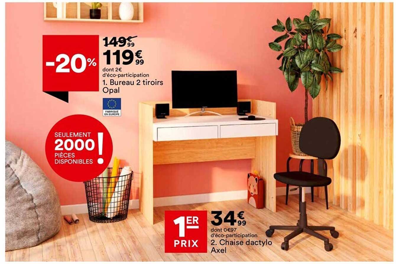 bureau 2 tiroirs opal, chaise dactylo axel