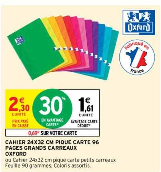 cahier 24 x 32 cm pique carte 96 pages grands carreaux oxford