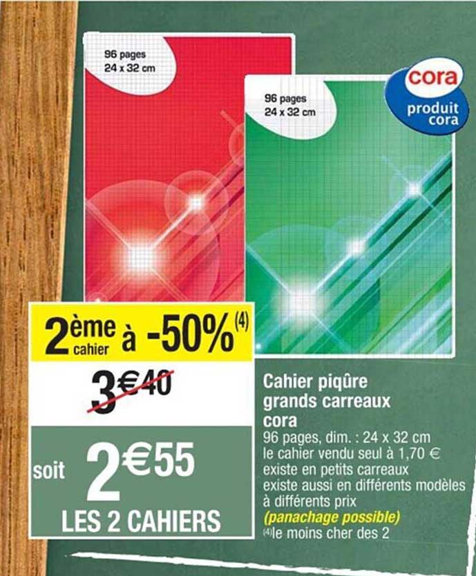 cahier piqûre grands carreaux cora