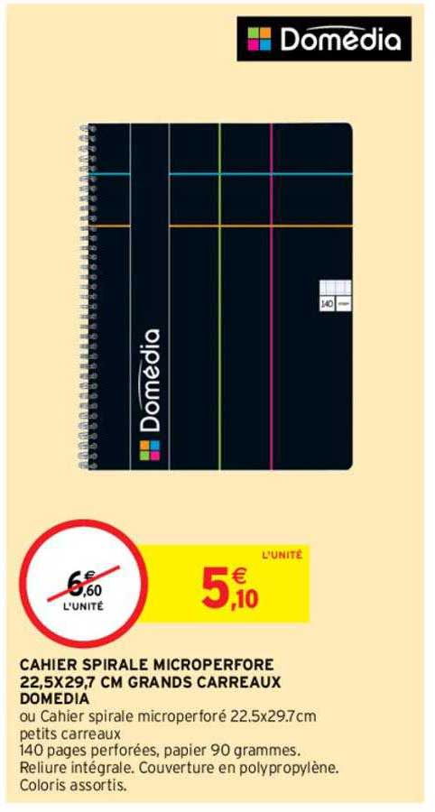 cahier spirale microperforé 22,5 x 29,7 cm grands carreaux domédia
