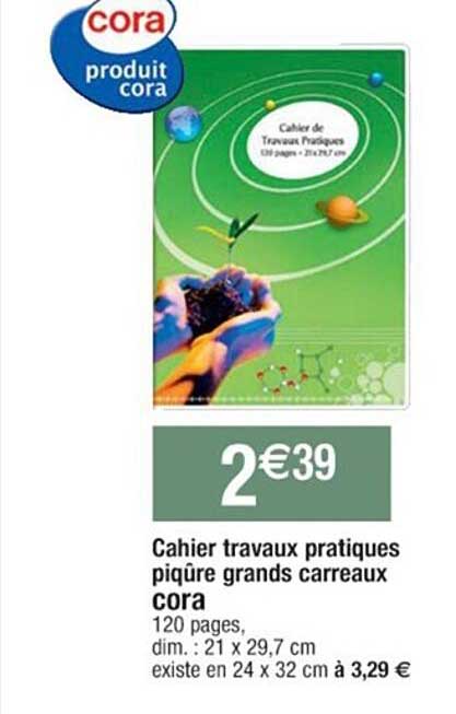cahier travaux pratiques piqûre grands carreaux cora