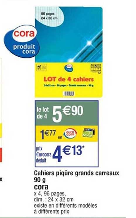cahiers piqûre grands carreaux 90 g cora