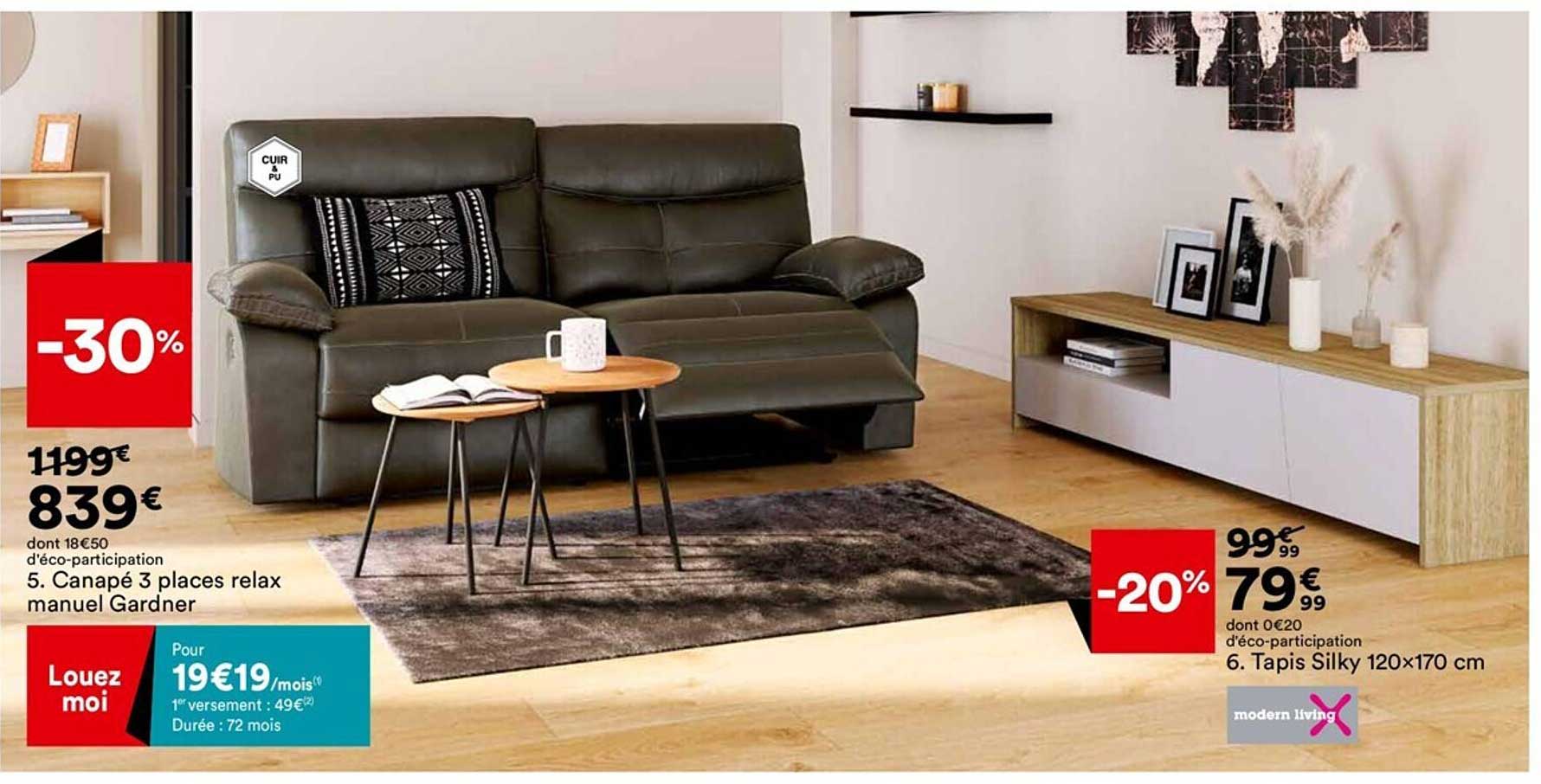 canapé 3 places relax manuel gardner, tapis silky 120 x 170 cm modern living