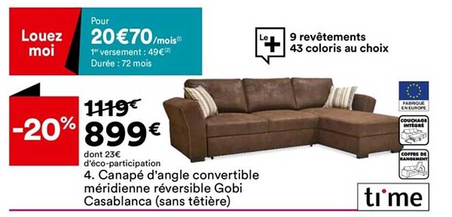 canapé d'angle convertible méridienne réversible gobi casablanca (sans têtière) ti'me