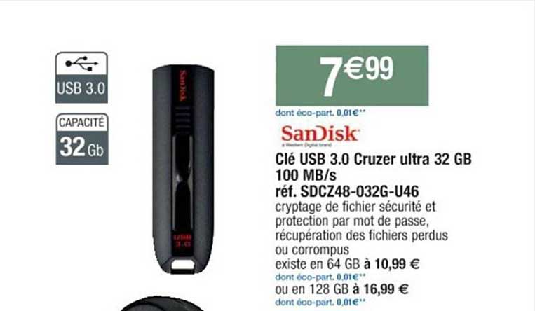clé usb 3.0 cruzer ultra 32 gb 100 mb/s réf. sdcz48-032g-u46 sanDisk