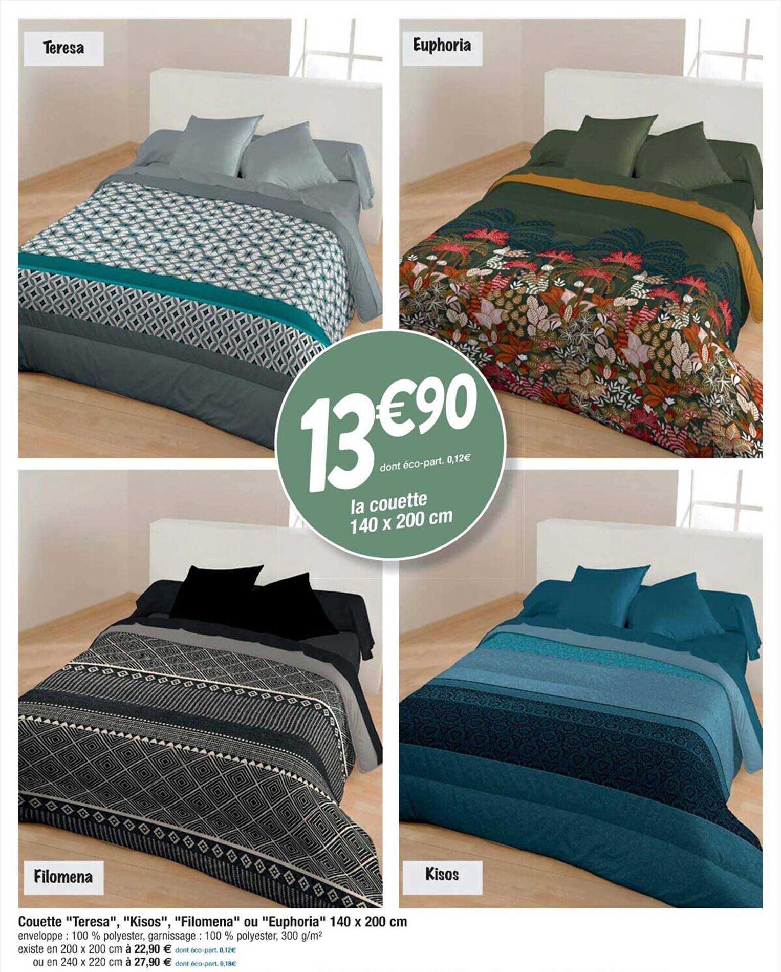 couette "teresa", "filomena", ou "euphoria", "kisos" 140 x 200 cm