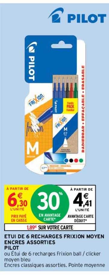 étui de 6 recharges frixion moyen encres assorties pilot