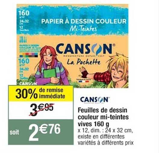 feuilles de dessin couleur mi-teintes vives 160 g canson