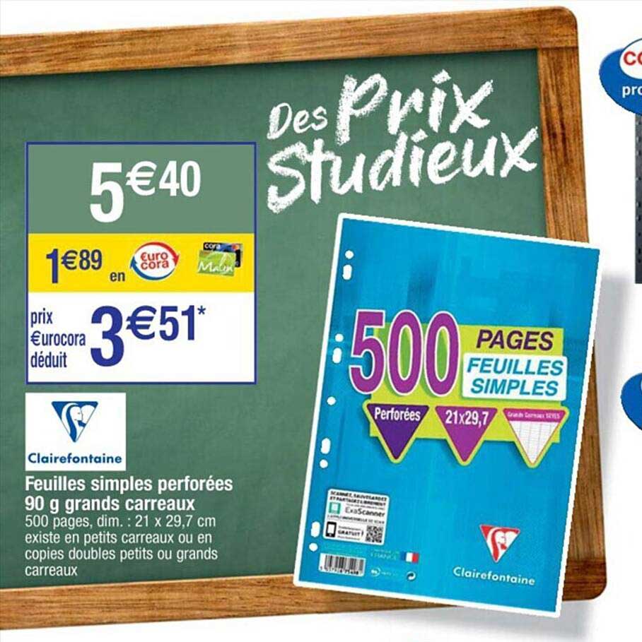 feuilles simples perforées 90 g grands carreaux clairefontaine