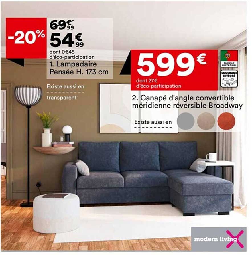 lampadaire pensée h. 173 cm, canapé d'angle convertible méridienne réversible broadway modern living