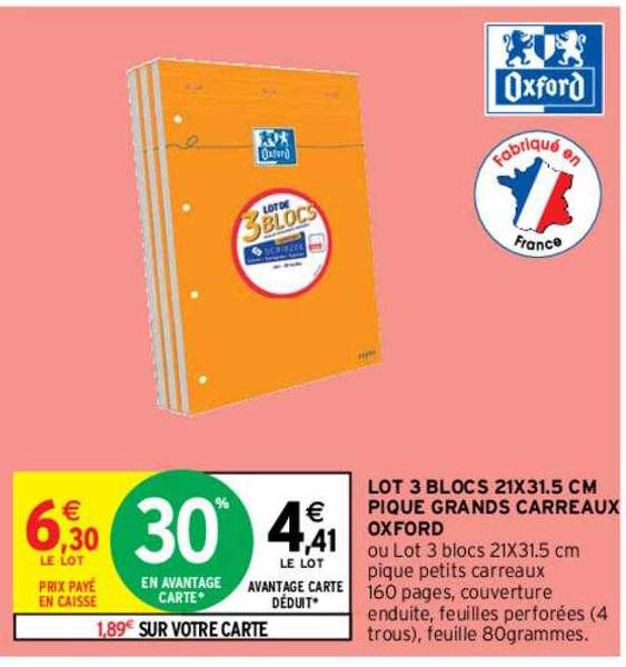 lot 3 blocs 21 x 31.5 cm pique grands carreaux oxford