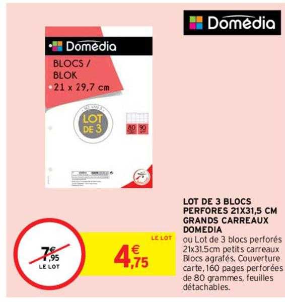 lot de 3 blocs perforés 21 x 31,5 cm grands carreaux domédia