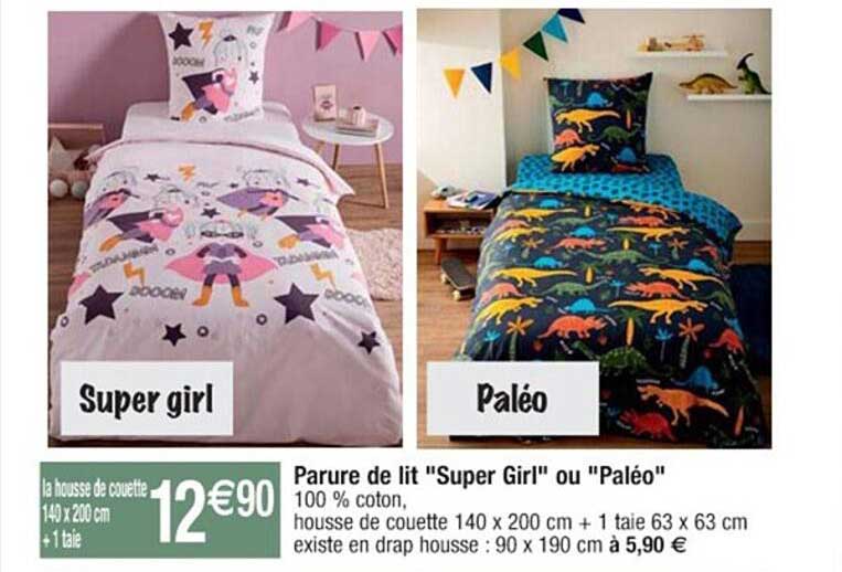 parure de lit "super girl" ou "paléo"