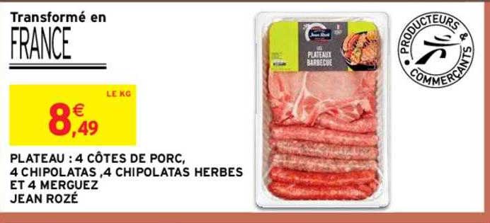 plateau : 4 côtes de porc, 4 chipolatas, 4 chipolatas herbes et 4 merguez jean rozé
