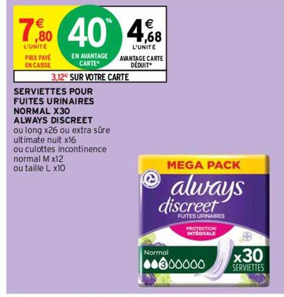 serviettes pour fuites urinaires normal x 30 always discreet