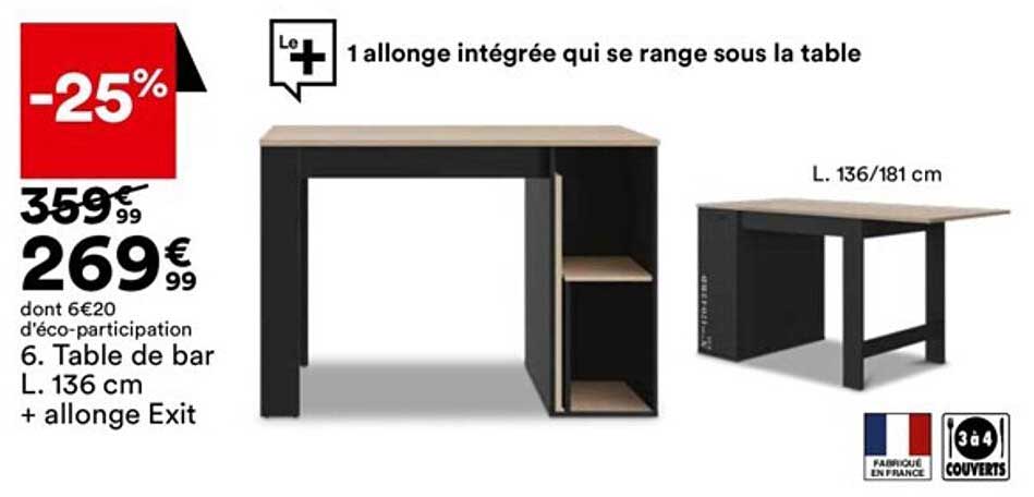 table de bar l.136 cm + allonge exit