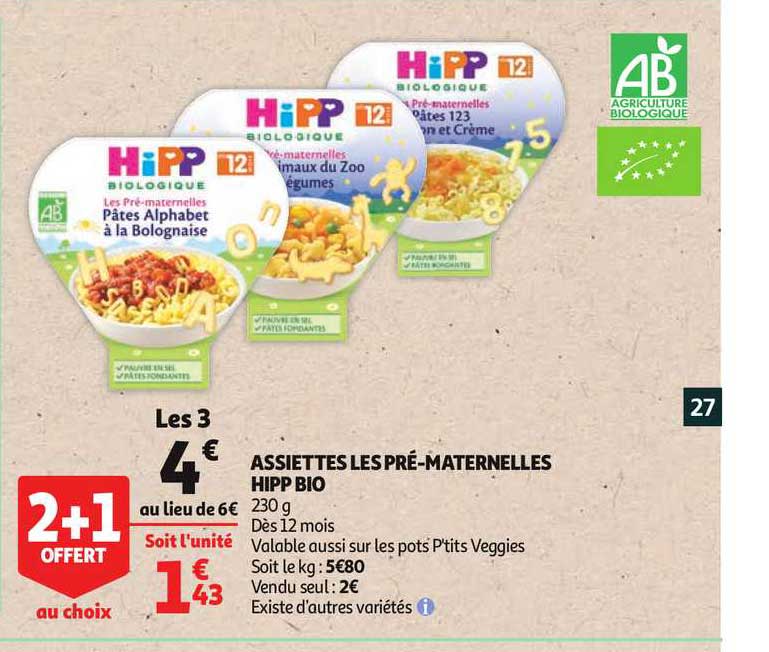 assiettes les pré maternelles hipp bio 2+1 offert au choix