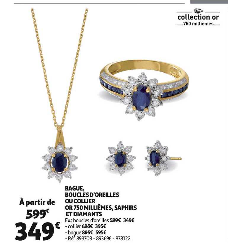 bague boucles d'oreilles ou collier or 750 millièmes saphirs et diamants