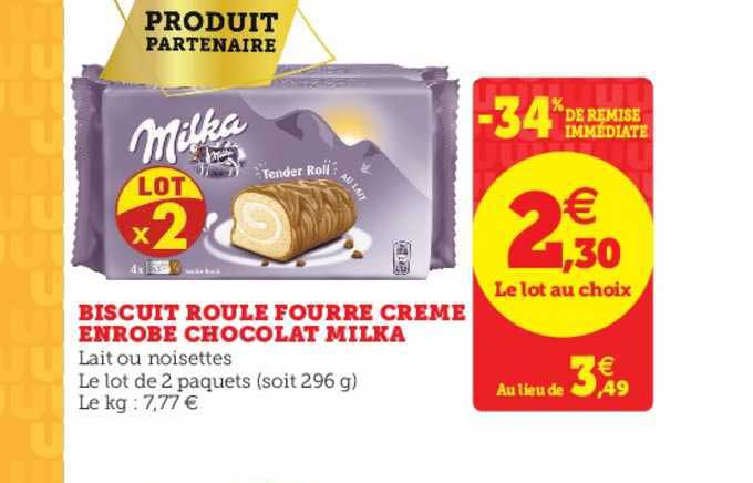 biscuit roulé fourré crème enrobé chocolat milka -34% remise immédiate