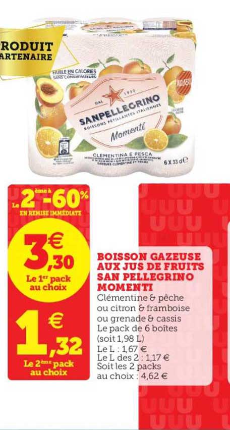 boisson gazeuse aux jus de fruits san pellegrino momenti le 2ème en à -60% en remise immédiate